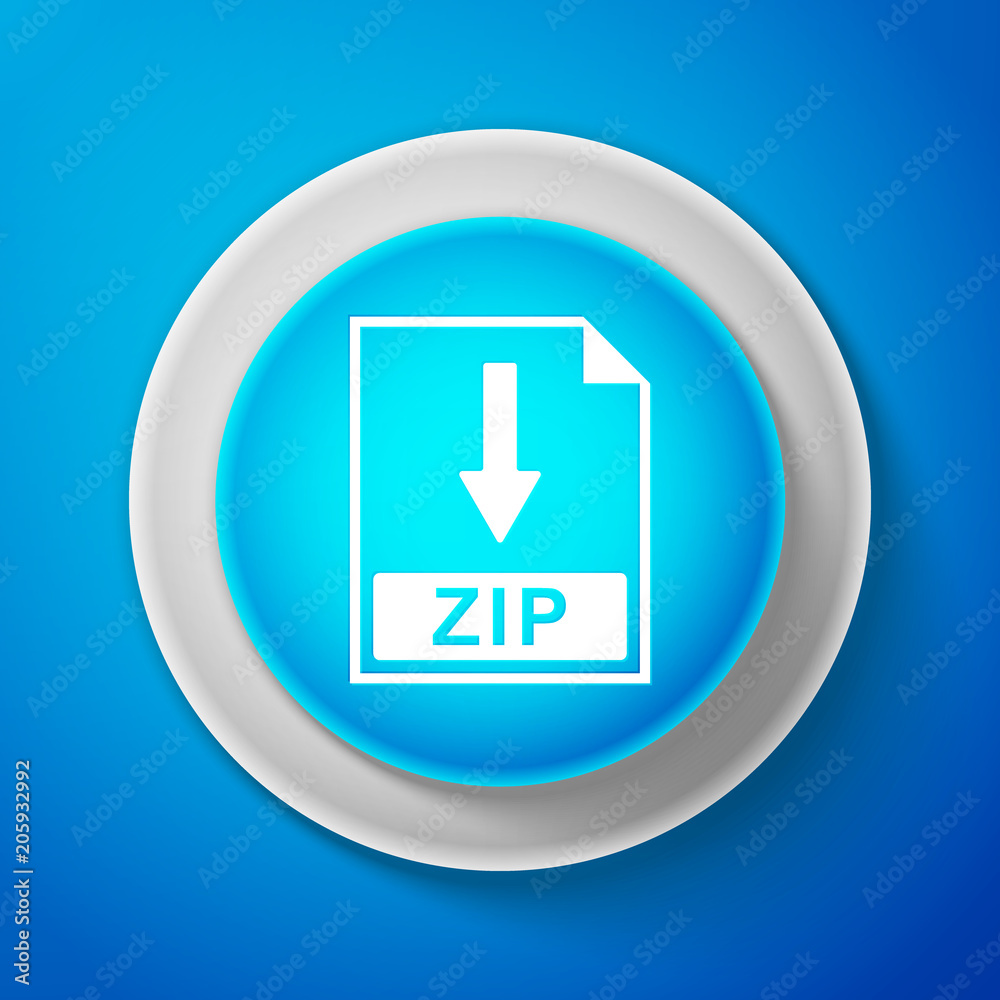 White ZIP file document icon isolated on blue background. Download ZIP button sign. Circle blue button with white line. Vector Illustration White ZIP file document icon isolated on blue background. Download ZIP button sign. Circle blue button with white line. Vector Illustration