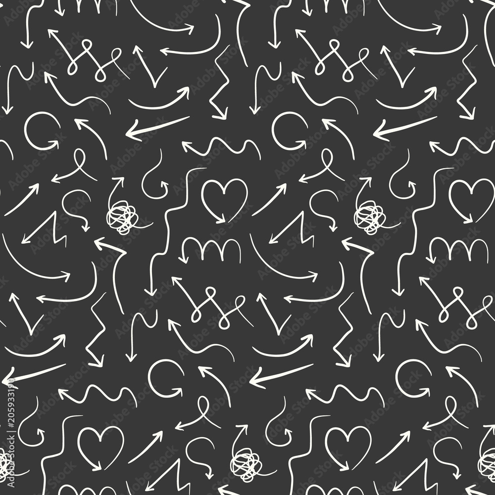 Dark seamless pattern with white doodle hand drawn arrows on black.  Monochrome sketch symbols texture for textile, wrapping paper, wallpaper,  background design, surface, cover Stock Vector | Adobe Stock