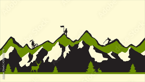 Modern vector illustration  green flat mountains with snow