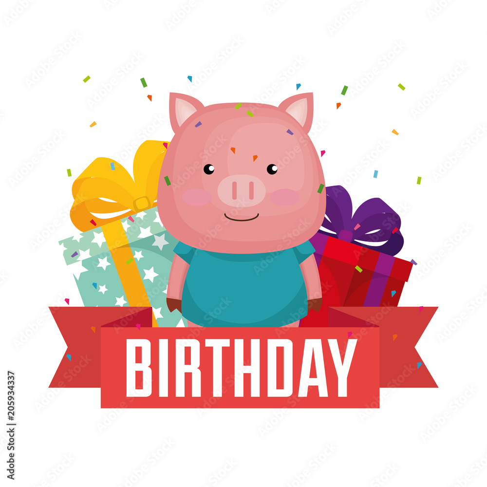 Fototapeta premium happy birthday card with cute piggy vector illustration design