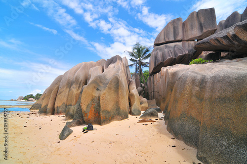 Granite rock formations on beaches of the island La Digue , Seychelles 