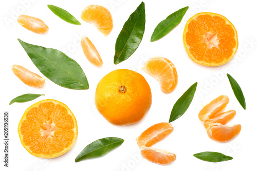 mandarin with slices and green leaf isolated on white background top view