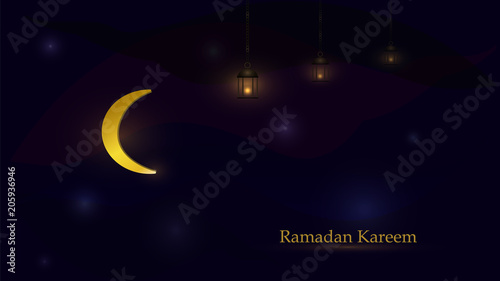 Muslim feast of the holy month of Ramadan Kareem. Moon and Fanus lanterns on a dark background. Vector illustration
