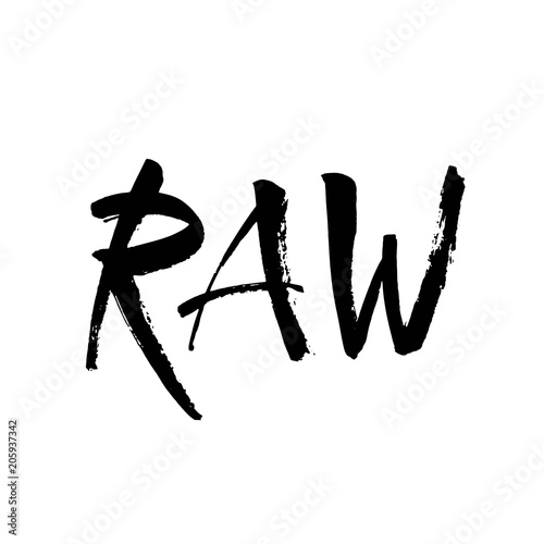 Raw lettering Label isolated. Raw tag black and white. Ink illustration. Modern brush calligraphy. Isolated on white background.