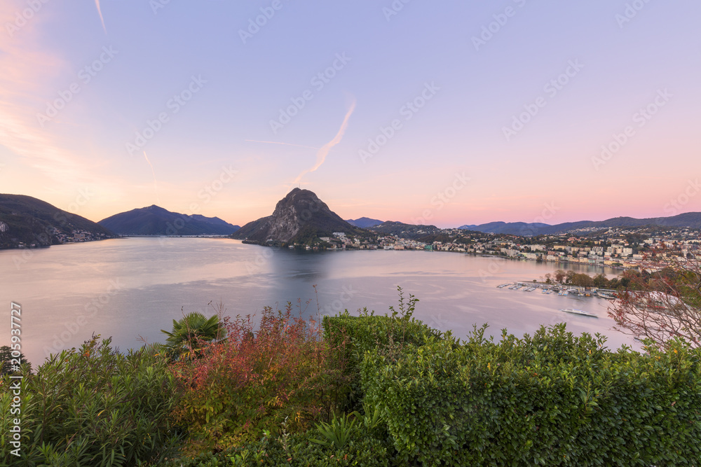 Lake Lugano at sunrise seen from Parco San Michele Lugano canton