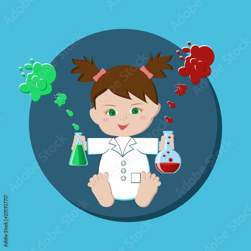 Baby girl scientist holding flasks with chemical solutions.