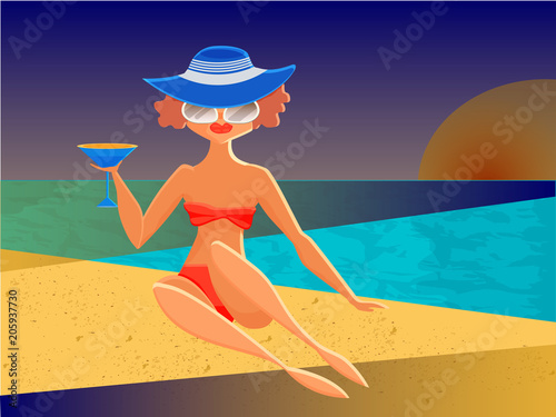 Beautiful glamour woman with cocktail and sun glasses on a sunset beach. Summertime theme. Vector flat illustration.