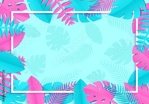 Summer Tropical palm leaves, plants in trandy paper cut style. White horizontal rectangular frame on exotic blue pink leaves on pink background Hawaiian summer time. Vector card illustration. © A_Y_N