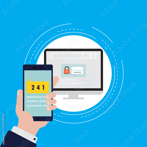 Smartphone verification process flat vector illustration, smartphone authentication, online security and protection. Secured information, data privacy icon design for web banners and apps
