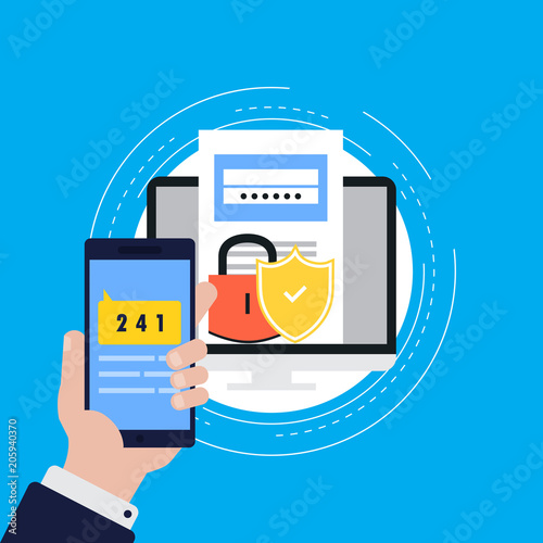 Smartphone verification process flat vector illustration, smartphone authentication, online security and protection. Secured information, data privacy icon design for web banners and apps