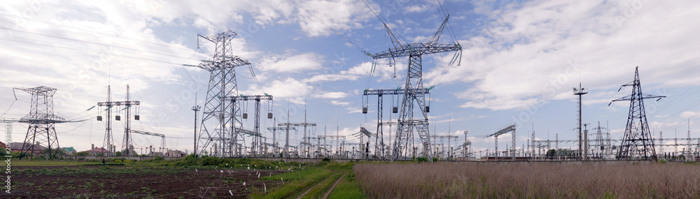 Panoramic image of high voltage substation.