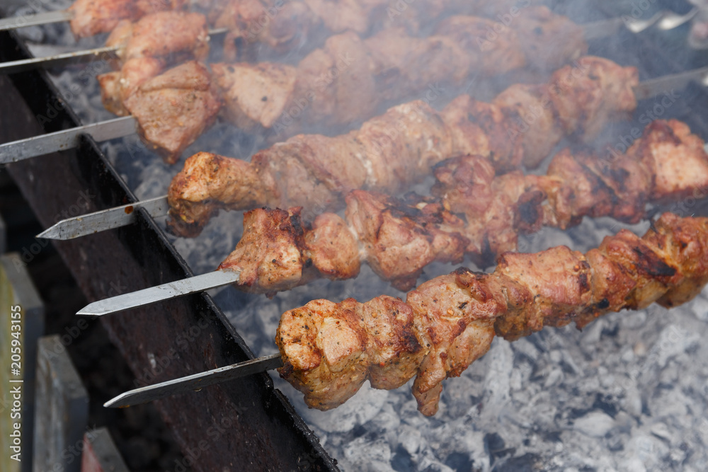 Marinated barbecue meat on skewer. Shish kebab or Shashlyk meaning skewered  meat. Beef or pork on grill on an open fire with smoke. Street food, picnic  concept Stock-foto