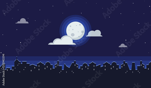 Night cityscape flat vector illustration of dark urban midnight panoramic view. Landscape background of bright moon in clouds with stars and city silhouette and copy space for text