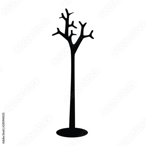 A black and white silhouette of a coat and hat stand