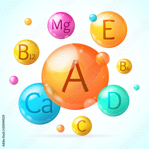 Realistic Detailed 3d Falling Vitamin and Mineral Background Card. Vector