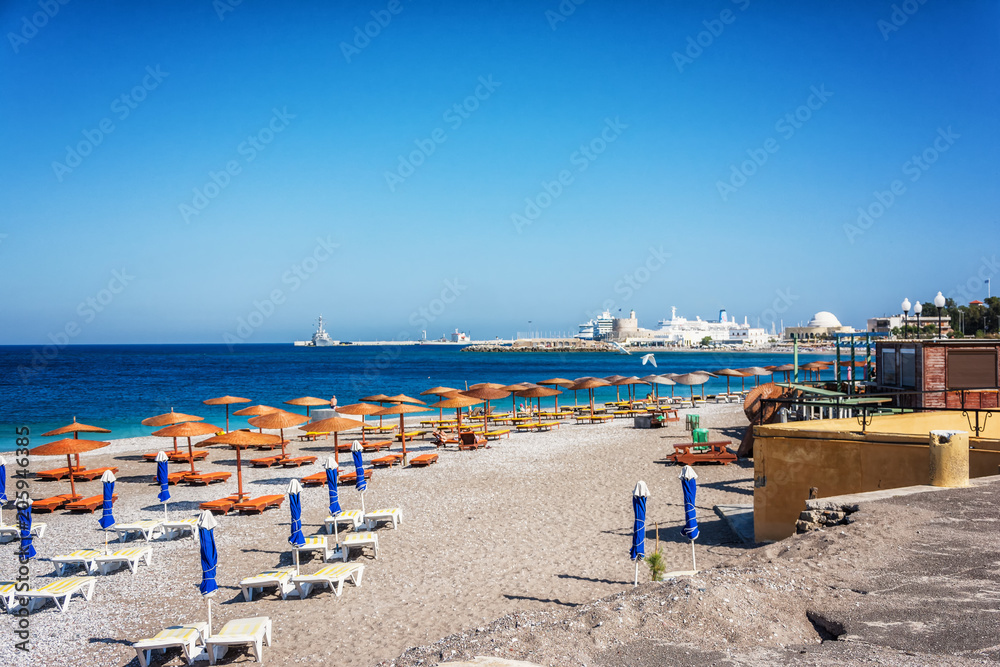 The beach on the center of Rhodes city. Rhodes, Greece