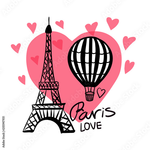 Naklejka Wektor ręcznie narysować Balon i Paryż Wieża Eiffla na białym tle na różowe serce