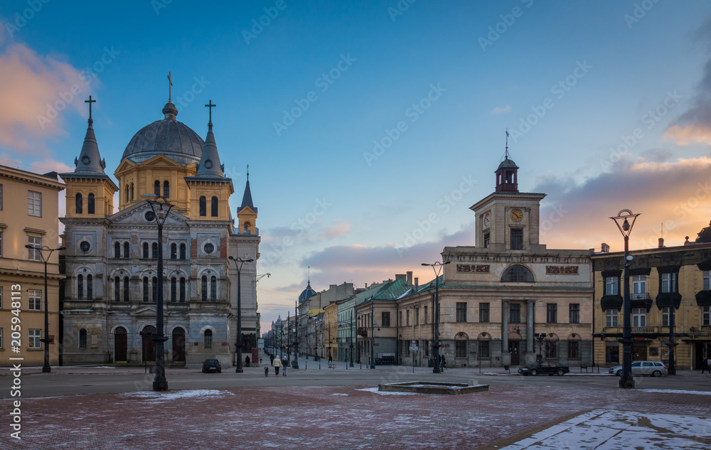 Church and town hall on the Freedom square in Lodz city, Lodzkie, Poland