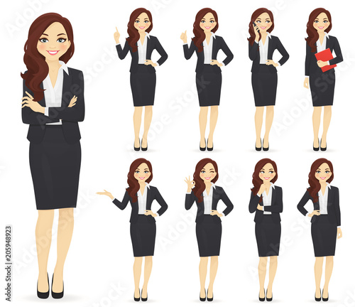 Businesswoman character in different poses set vector illustration