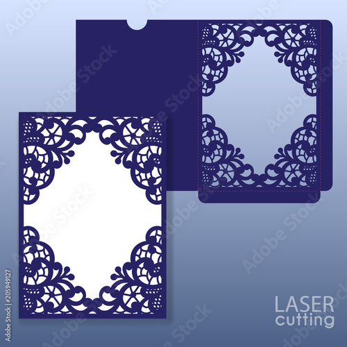 Die laser cut wedding card vector template. Invitation envelope with lace frame. Wedding lace invitation mockup. Template for cutting. Die cut pocket envelope template.