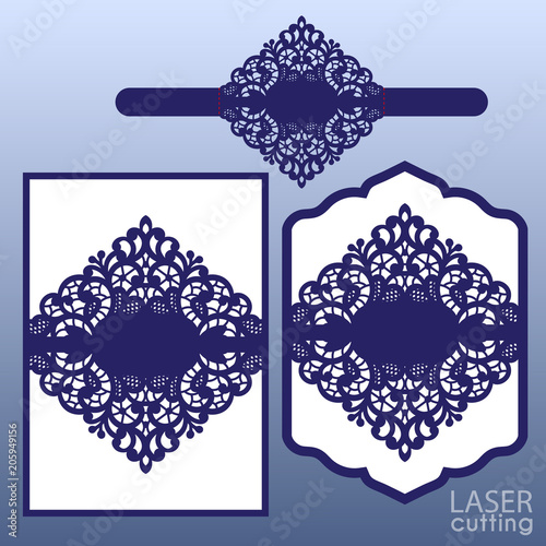 Laser cut wedding invitation card template vector. Wedding invitation or greeting card with Belly Band. Open card. Suitable for greeting cards, invitations, menus.
