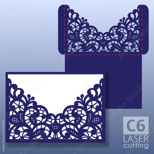 Laser and die cut wedding card vector template. Invitation envelope. Wedding lace invitation mockup. Template for laser cutting. Die cut pocket envelope template.
