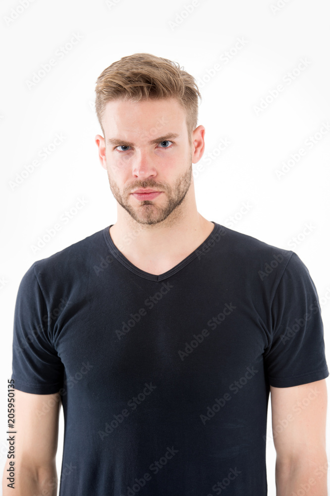 Man in casual tshirt isolated on white. Guy with beard on unshaven face. Bearded man with blond hair. Hair care in barber salon or barbershop. Fashion style and tr backgroundend Man in casual tshirt isolated on white. Guy with beard on unshaven face. Bearded man with blond hair. Hair care in barber salon or barbershop. Fashion style and tr backgroundend