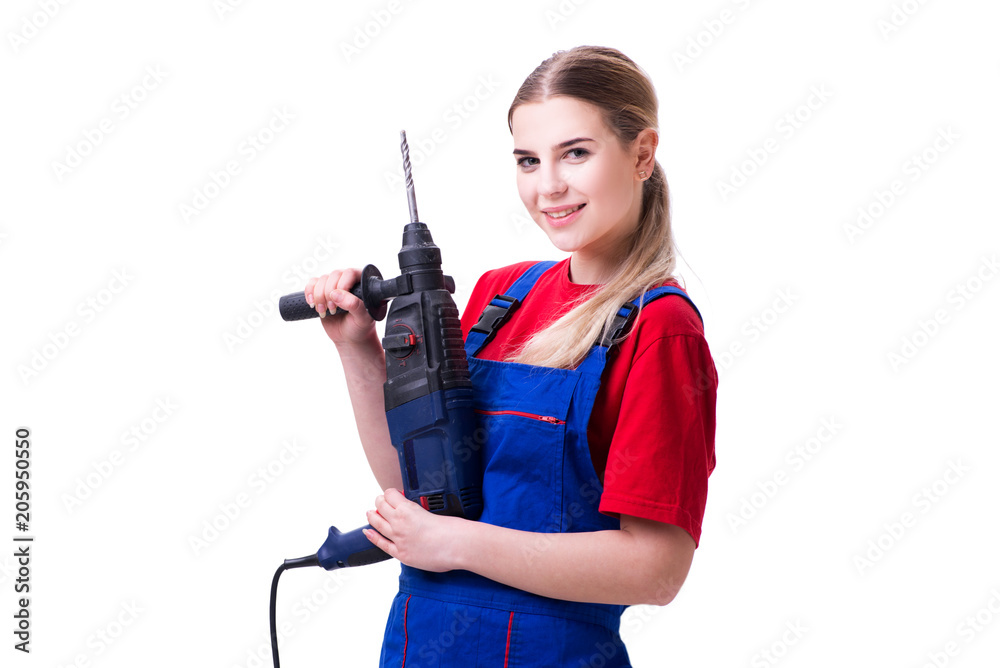 Young woman with power drill isolated on white Young woman with power drill isolated on white
