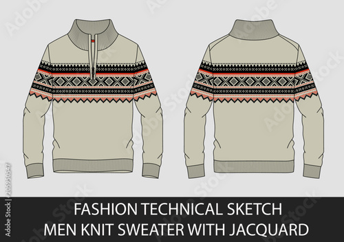 Fashion technical sketch men knit sweater with jacquard in vector graphic