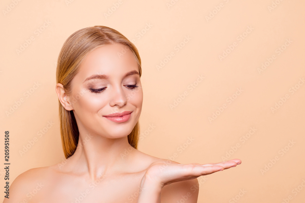 Cute charming nude natural pure girl with smooth soft skin looking at ...