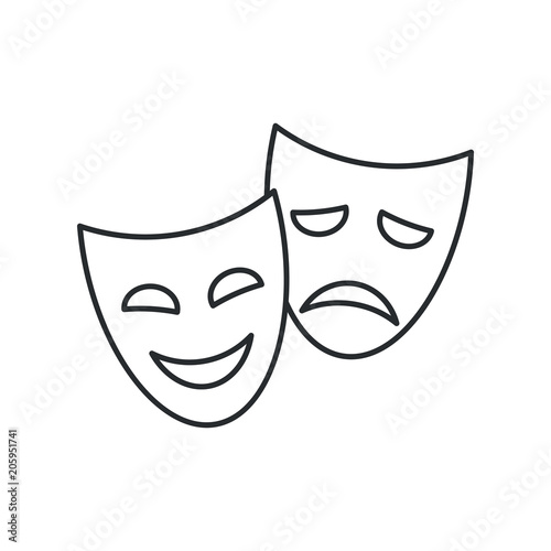 Theater masks, vector linear icon on white background.
