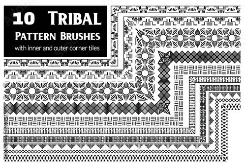 Tribal, ethnic vector pattern brushes with inner and outer corner tiles. Perfect for creating design elements, geometric ornament, frames, borders and more. All used brushes included in brush palette.