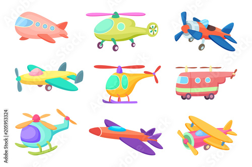 Illustrations of aeroplanes in cartoon style. Various toys for kids