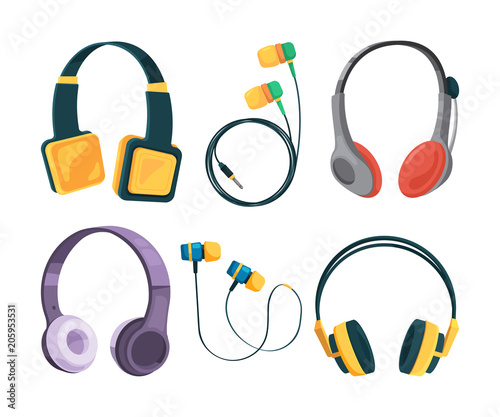 Vector collection set of different headphones. Illustrations in cartoon style