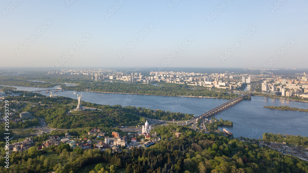 Aerial view panoramic view of the city of Kiev part of the Botanical Garden and the Dnieper River. Photo from the drone