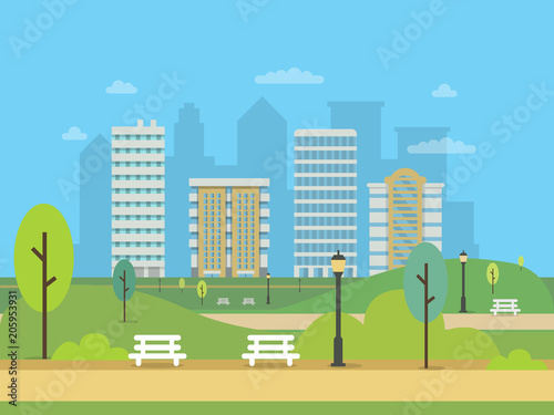 Urban landscape with various buildings and green central park. Illustrations of modern city