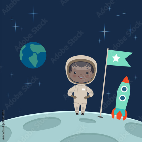 Kid astronaut standing on the moon. Space background illustration