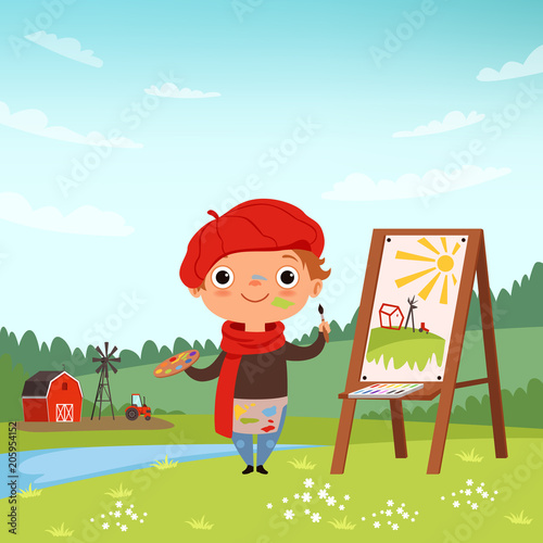 Creative childrens. Little artist making pictures in the open air