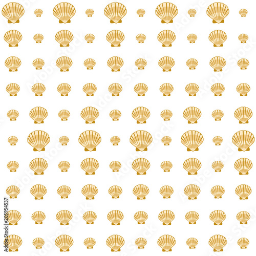 Gold seashell vector graphics, pearl bivalved mollusks illustration. Underwater scallop, bivalve pearl shell, marine mollusk isolated wild life-nature background. Trendy sea shell vector.