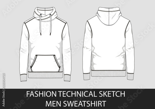 Technical sketch of man hooded sweatshirt in vector graphic