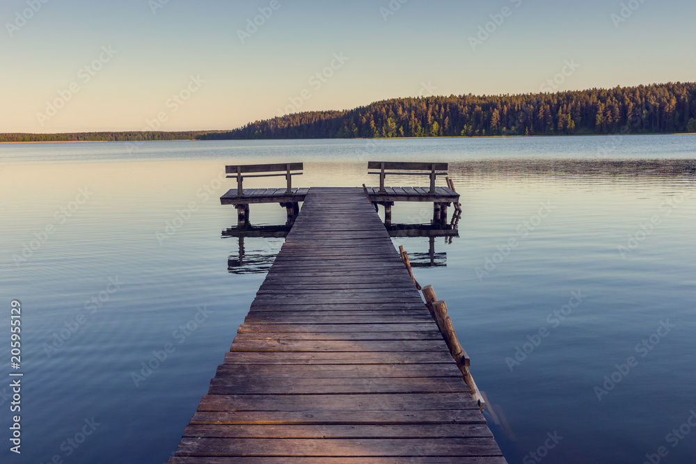 Wooden footbridge on the lake - obrazy, fototapety, plakaty 