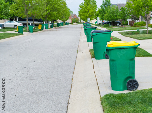Row of garbage bins lined up along the roadside photo