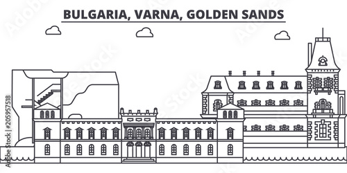Bulgaria, Varna, Golden Sands line skyline vector illustration. Bulgaria, Varna, Golden Sands linear cityscape with famous landmarks, city sights, vector design landscape. 