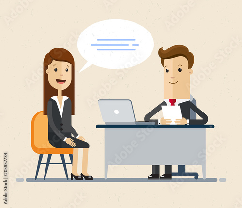Woman having a job interview with Businessman HR. Illustration isolated on white background.
