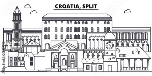Croatia, Split line skyline vector illustration. Croatia, Split linear cityscape with famous landmarks, city sights, vector design landscape. 