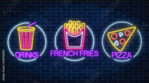 Set of three neon glowing signs of french fries, piece of pizza and soda drink in circle frames.
