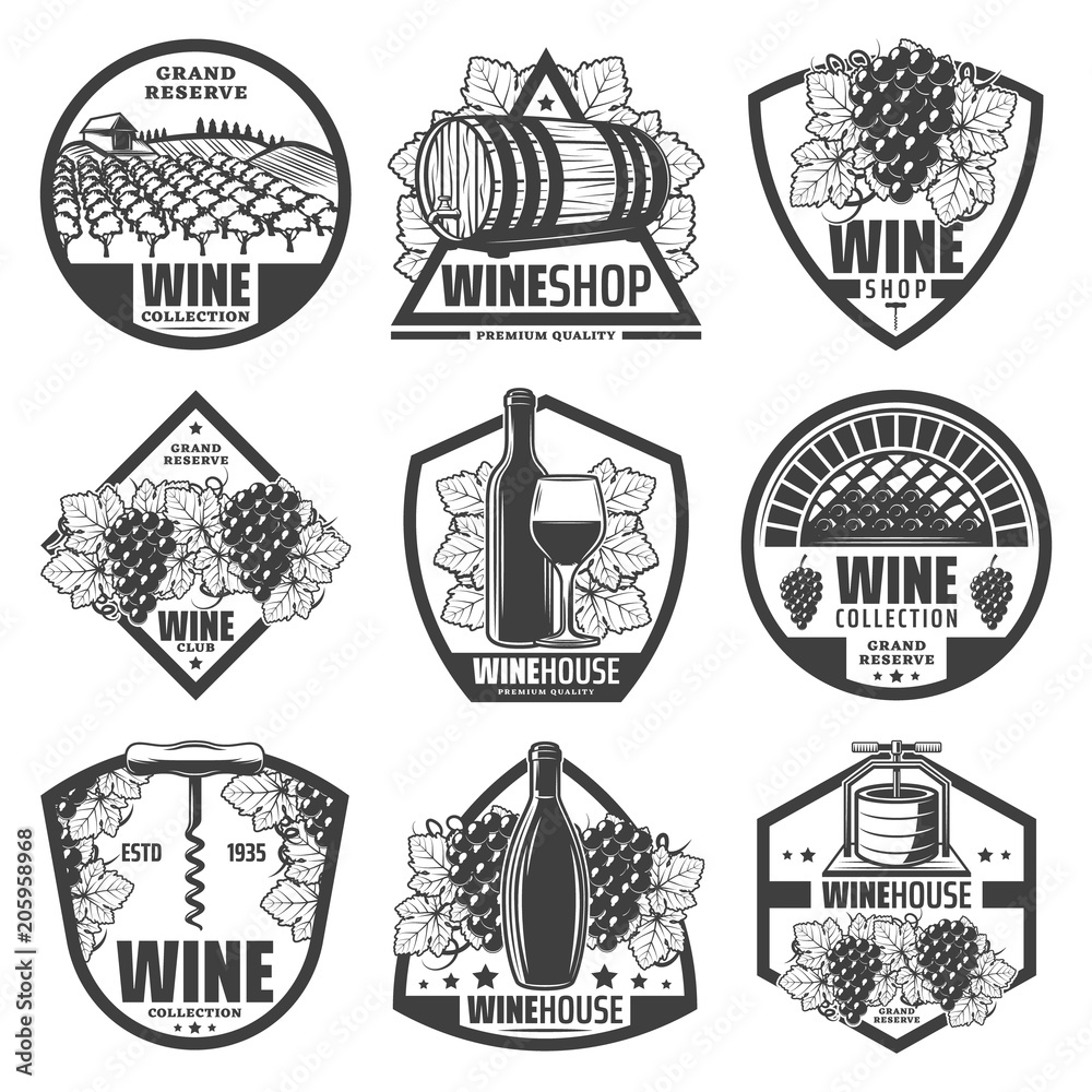 Vintage Monochrome Wine Labels Set