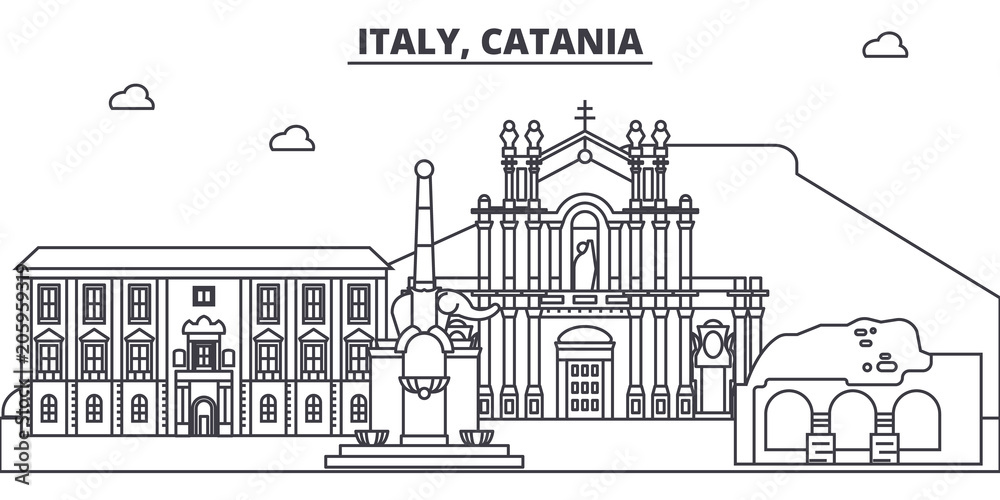 Italy, Catania line skyline vector illustration. Italy, Catania linear cityscape with famous landmarks, city sights, vector design landscape.  - obrazy, fototapety, plakaty 