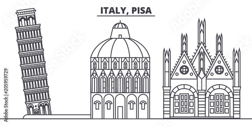Italy, Pisa line skyline vector illustration. Italy, Pisa linear cityscape with famous landmarks, city sights, vector design landscape. 