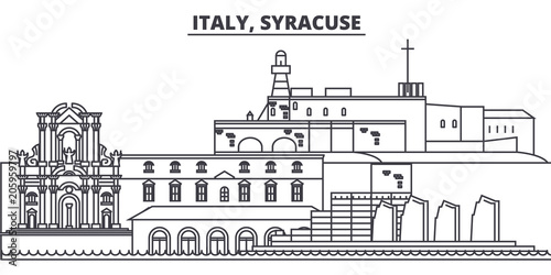 Italy, Syracuse line skyline vector illustration. Italy, Syracuse linear cityscape with famous landmarks, city sights, vector design landscape. 